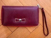 Elegancki Portfel Damski Duży Bordeaux Wiśnia Złota Kokarda Zamek 