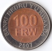 RWANDA 100 franków 2007, KM# 36, AU, waga 7,5g