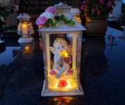 ZNICZ WIECZNY ANIOŁ SOLARNY LAMPION 29cm SZKLANY +10 LED DEKORACJA NAGROBNA