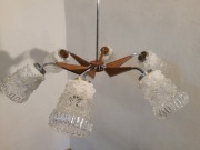 Żyrandol srebrny drewno 6-ramienny klosze retroPRL