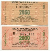 Bilet MZK Warszawa - 2000 zł, warianty numeratora