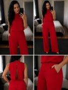 Czerwony elegancki komplet wide leg z odkrytymi plecami L
