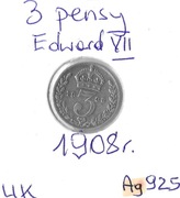 Wielka Brytania 3 pensy 1908 Edward VII -Srebro- st.3