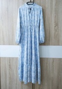 sukienka, rozm. S/M, długa, maxi, błękitna, taliowana, wzorzysta