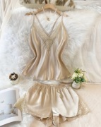 Złota elegancka piżama komplet bielizny nocnej koszulka + szorty L