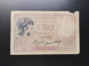 Banknot 5 Franków Francja 1933 typ Violet, obiegowy, Marianna/Robotnik