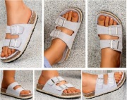 klapki typu birkenstock szare skóra zamsz klamry na korku