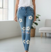 Jeansy flowers push up premium denim - kwiatowe aplikacje XL
