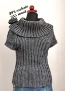 Szary sweter z różą mohair wool prążki vintage  oldschool S 
