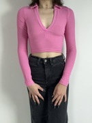 Różowy prążkowany crop top z kołnierzykiem rozm. XS H&M