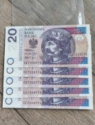 Banknoty 20 zł x 5 sztuk z 2025 - stan 1