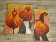 Dyptyk obraz kwiaty pomarańcz  handmade płótno