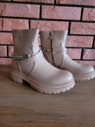 Nowe botki damskie MARQUIIZ 36 beżowe – ocieplane futerkiem, łańcuch