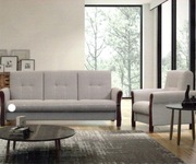 Komplet wypoczynkowy Eliza -wersalka,2 fotele, jasny beż, drewniane dodatki