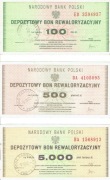 1982r, 3 Depozytowe bony rewaloryzacyjne  NBP 100, 500, 5000, stemple !
