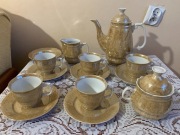 Porcelanowy serwis kawowy – złoty marmurek, perłowy 6 osób, vintage