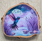 Autorski obraz - akryl + naturalny plaster brzozowy fioletowy koliber NOWY