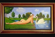 RAFAŁ OLBIŃSKI "Leda z Łabędziem" olej, płótno, 110x55cm