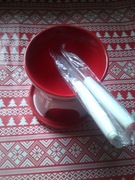 Ceramiczny komplet do fondue biały czerwony z napisem Chocolat