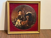 Śliczny obrazek porcelanowy REMBRANDT ramka drewno materiał 
