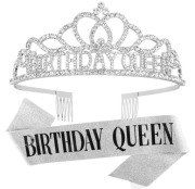 Korona Tiara Opaska i szarfa urodziny SREBRNA śr12-12.5cm h 5cm metalowa