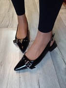 (40/41) Czarne baleriny wieczorowe z odkrytą piętą, NOWE 