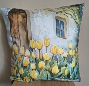 Wiosenna dekoracyjna poszewka na poduszkę 40x40 żółte tulipany  rustykalna 