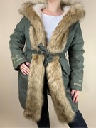Płaszcz futro damskie khaki Pinko lis kaptur na zimę rozmiar M 38 L 40