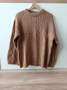 Brązowy camel sweter w warkocze z szerokimi rękawami dodatek wełny 40 L