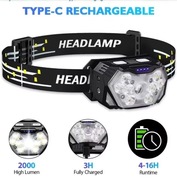 CZOŁÓWKA LED 2000LM USB-C LATARKA CZOŁOWA CZUJNIK RUCHU WODOODPORNA