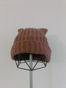 Wełniana czapka uszatka kocie uszy beżowa hand made