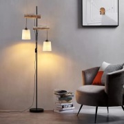 Vintage Lampa podłogowa duża, drewno i metal, 2 światła 169cm / CZARNA