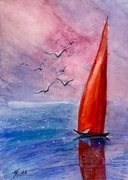 Jacht o zachodzie słońca,akwarela A4 