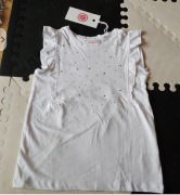 5-10-15 bluzeczka biała dżety falbanki r. 140cm 8l+ nowa