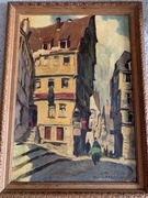 Stary sygnowany kolorowy obraz olejny miasto