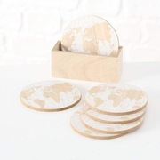 Drewniane podstawki pod szklanki, 6 szt., motyw mapy świata, beżowo-białe