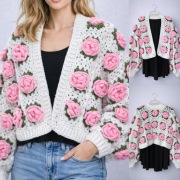 Kardigan sweter hamdmade roze 3D kwadraty babci one size