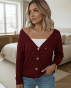 Ażurowy kardigan włoski - rozpinany sweter - bordo / wino