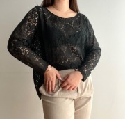 Koszula koronkowa bluzka vintage czarna zamek z rękawem plus size XXL