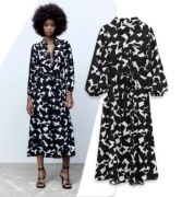 ZARA sukienka koszulowa z biało-czarnym nadrukiem i paskiem, wiskoza, XS -S