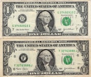 ONE DOLLAR USA, dwa banknoty z obiegu 2003 r. seria F i G