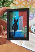 Mini obraz olejny Czarny Kot ręcznie malowany prezent tiny painting