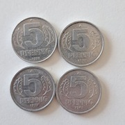 Zestaw 4 monet 5 pfennig Niemcy 1975, 1979, 1980, 1983  kolekcjonerskie 6.9
