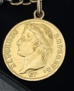 BRANSOLETKA ZE ZŁOTĄ MONETĄ FRANCUSKĄ 20 FRANKÓW NAPOLEON I 1810 r