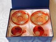 Filiżanki Bohemia amber glass złocone ręczne + pudełko,vintage