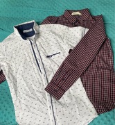 2 koszule w kratkę i biała we wzorki z lycrą 10-11