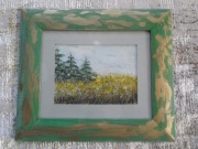 Sygnowany obraz sprzed wielu lat w drewnianej ramie, pejzaż łąka i las