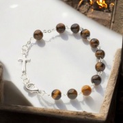 Bransoletka Tygrysie Oko Z Krzyżem z zapięciem Metalowy łańcuszek różaniec 