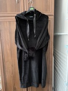 Welurowa długa bluza 42 XL tunika / sukienka, czarna, kangur z kapturem