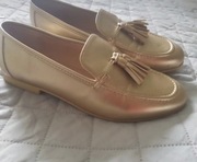 Złote loefersy 36, pólbuty wsówane,  mokasyny. Złote buty